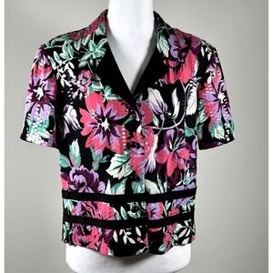 Vintage 90s Floral Jacket Metallic Shimmer Maximalist Black Pink Womens 12P